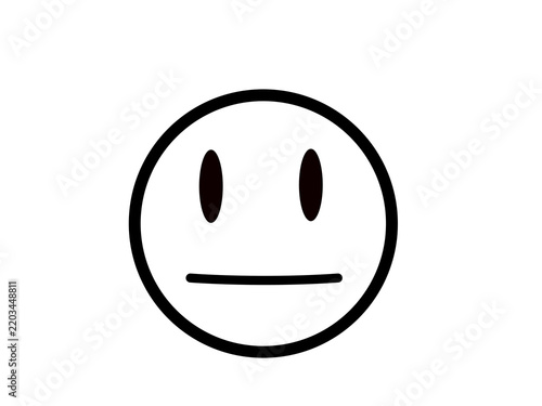 Minimalist neutral face emoji illustration, simple black line art smiley with straight mouth, basic expressionless emoticon on white background