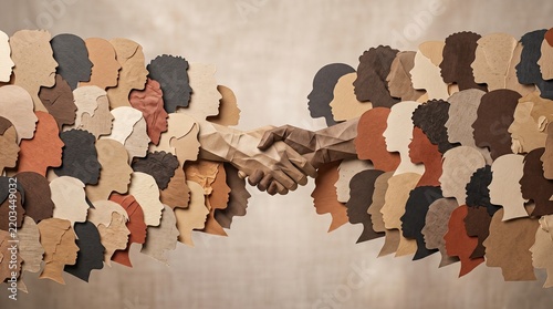 Paper cutout profiles forming a textured handshake for global unity concepts