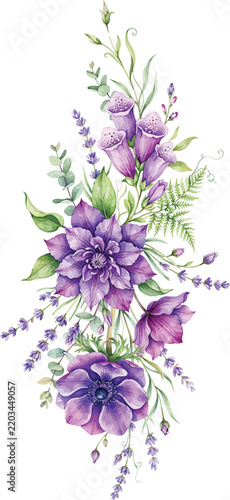 Elegant Purple Floral Bouquet Arrangement with Clematis and Lavender Branches Vector Illustration