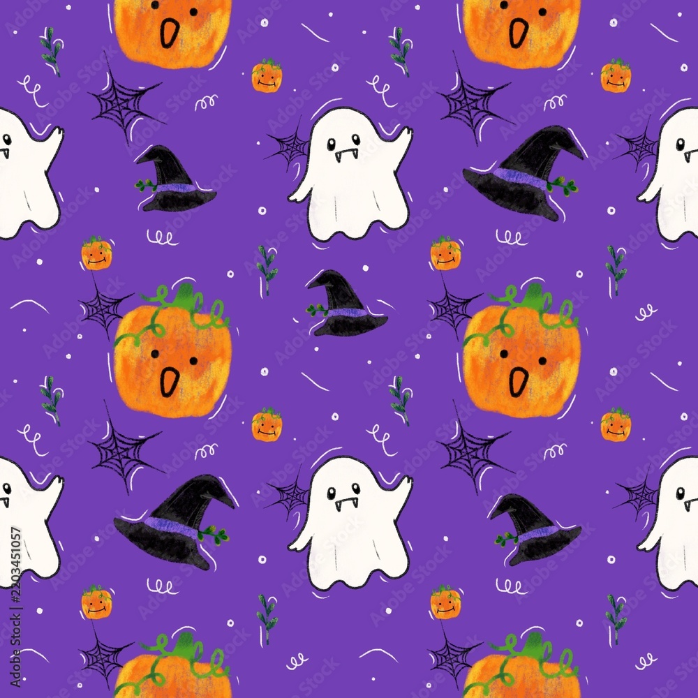 Fototapeta premium Cute watercolor Halloween seamless pattern with ghost, pumpkin, witch hat and spider web on purple background