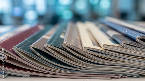 Pilha de revistas, catálogos e brochuras impressas em close-up sobre mesa com fundo desfocado.