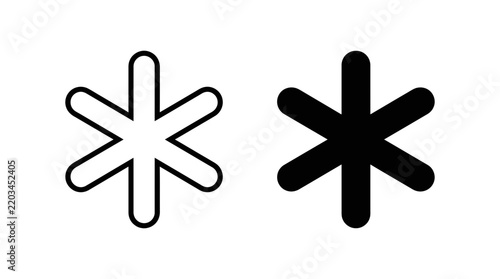 Asterisk symbols vector icon set with outline and solid black styles
