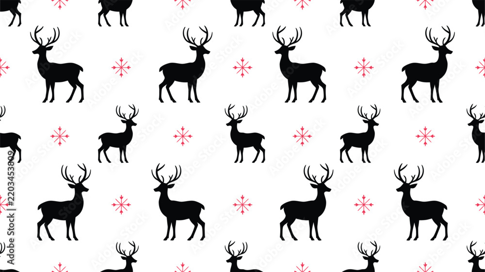 Obraz premium Christmas reindeer seamless pattern background with black deer silhouettes and red snowflakes for winter holiday wrapping paper, festive textile print, and xmas wallpaper vector illustration isolated