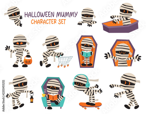 Cute Halloween Mummy Character Set with Coffin Shopping Skateboard and Reading