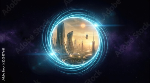Glowing blue energy portal revealing a futuristic golden city landscape during a bright warm sunset sky