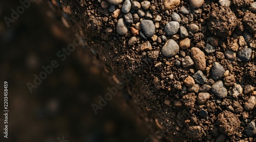 Closeup of dark soil texture with small pebbles and rocks, top view of uneven ground surface with natural earth and stone particles
