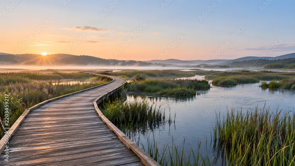 Fototapeta premium Coastal Wetland Restoration Boardwalk at Dawn