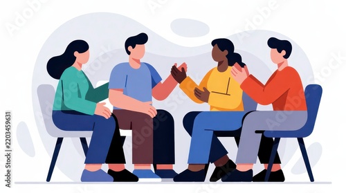Diverse group of people sitting in a circle having a supportive conversation in a flat vector style