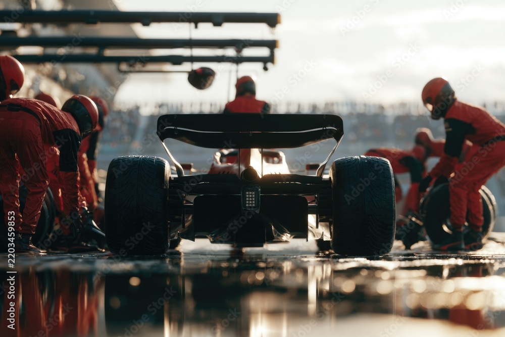 Obraz premium A Formula 1 car is serviced by a pit crew during a race, with mechanics in red suits preparing for a quick tire change and maintenance.