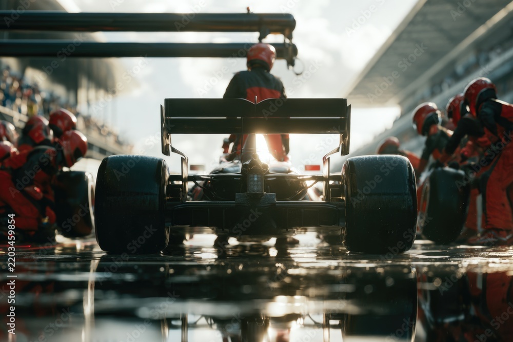 Obraz premium A Formula 1 car is serviced by a pit crew during a race, with mechanics in red suits preparing for a quick tire change and maintenance.