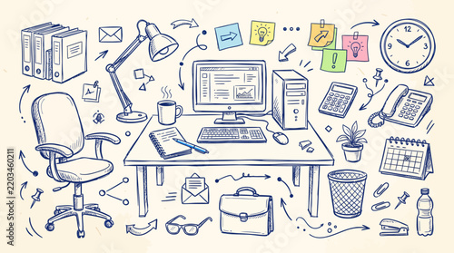 Office Desk Workspace Doodles with Computer Chair and Supplies Illustration