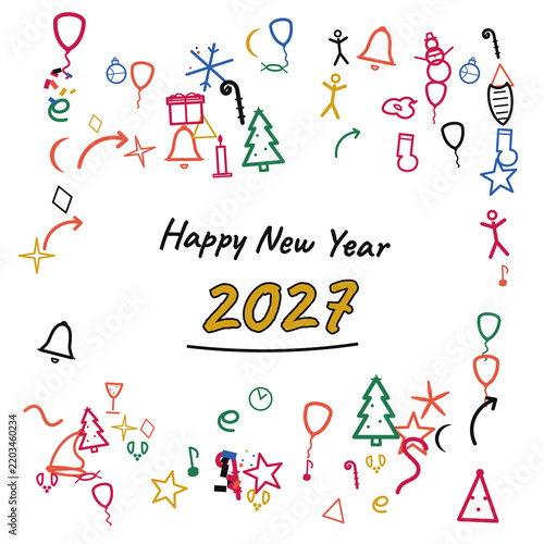 Happy New Year 2027 Transparent PNG Poster · Festive Celebration Artwork with Bold Typography, Vibrant Hand‑Drawn Doodles, Party Icons, Balloons, Stars, and Abstract Geometric Shapes