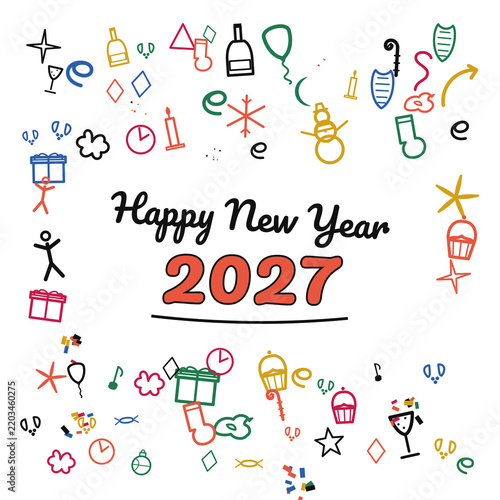 Happy New Year 2027 Transparent PNG Poster · Festive Celebration Artwork with Bold Typography, Vibrant Hand‑Drawn Doodles, Balloons, Stars, Party Icons, and Abstract Geometric Shapes