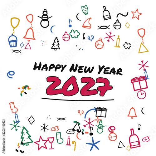 Transparent Happy New Year 2027 Celebration Poster · Festive Abstract Artwork Featuring Bold Typography, Vibrant Hand‑Drawn Doodles, Playful Party Icons, Whimsical Geometric Shapes