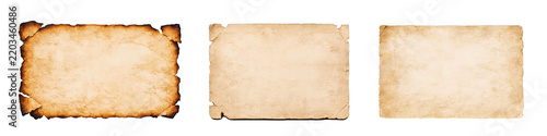 Old vintage parchment papers set isolated PNG, burned and aged antique blank sheets on transparent background, medieval manuscript banner mockup