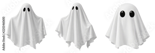 White sheet ghosts set isolated PNG, three spooky cloth phantom figures on transparent background, halloween holiday characters