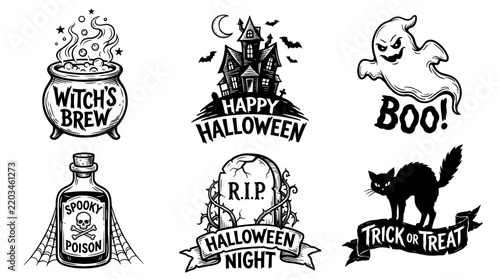 Black white vintage Halloween badges. Witch brew cauldron, spooky poison bottle, boo ghost, haunted house, RIP tombstone, trick or treat black cat logo. Vector illustration.