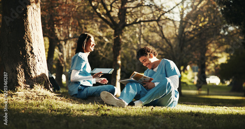 Nursing, tablet or students outdoor with books, peer research or exam knowledge in medical education. Happy, friends or people with tech, study support or literature revision in healthcare residency.