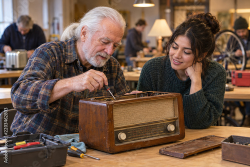 Retired volunteer repairing a vintage radio at a community repair cafe while a young woman learns