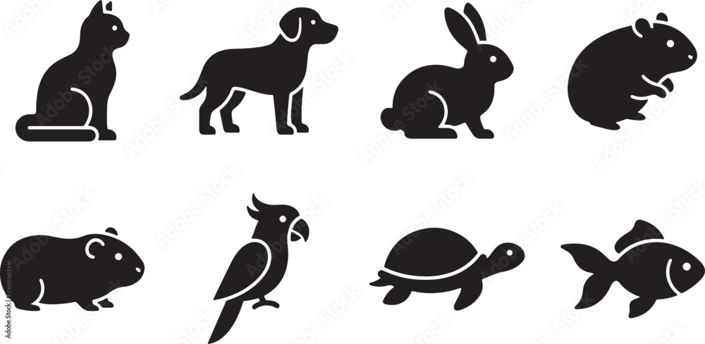 Obraz premium Domestic pet silhouettes black icon set for veterinary clinics animal care and pet store branding.
