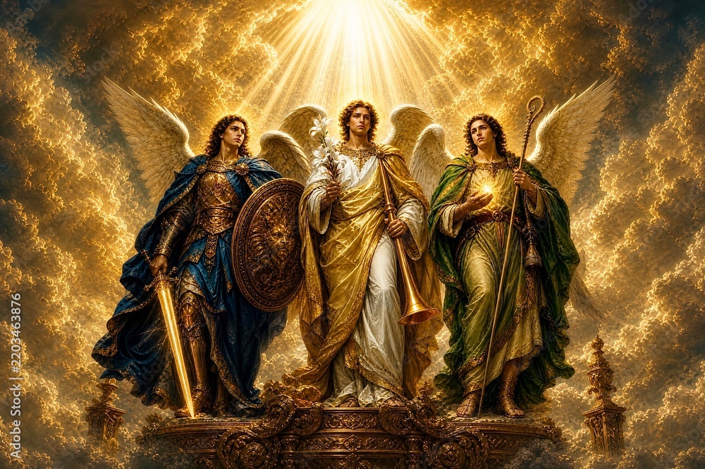 Fototapeta premium Archangels Michael, Gabriel and Raphael standing together in golden celestial light