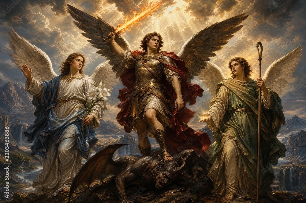 Obraz premium Archangels Michael, Gabriel and Raphael standing together in divine celestial glory