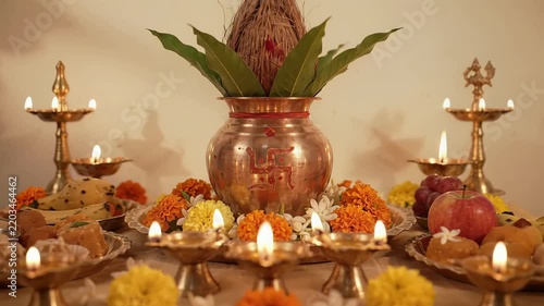 Lakshmi puja ritual with burning oil lamps and traditional copper kalash