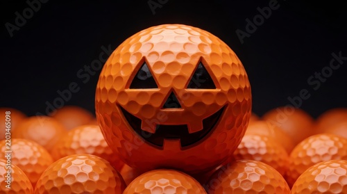 Orange golf ball designed as a jack-o-lantern face sitting among a pile of golf balls on black
