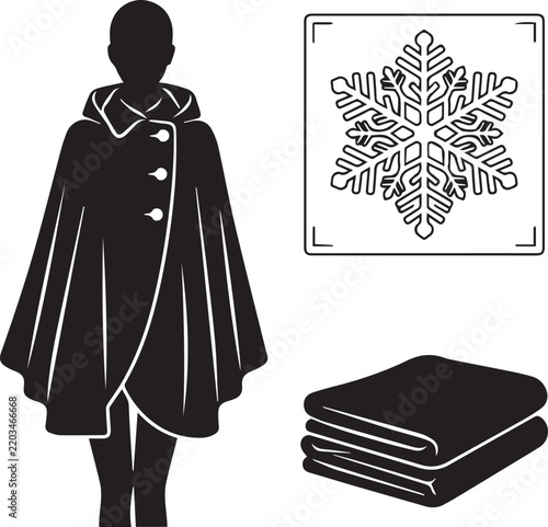 Person wearing hooded cloak silhouette next to snowflake graphic and stack of folded warm blankets.