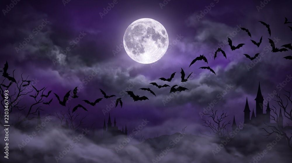 Fototapeta premium Bats flying past a full moon over a silhouetted castle landscape
