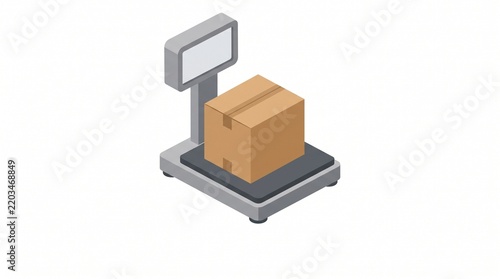 Cardboard box on industrial digital weighing scale in isometric view with shipping box