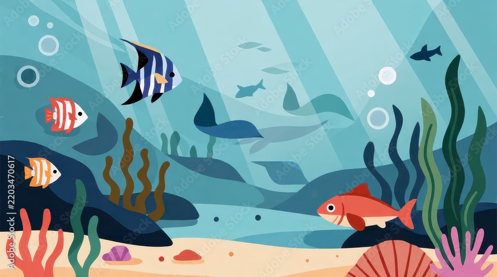 Obraz premium Colorful tropical fish swimming in a vibrant underwater coral reef ecosystem with aquatic plants