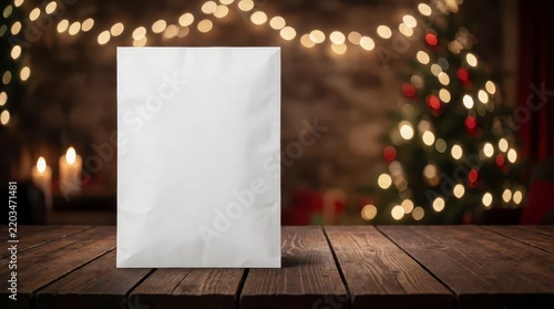Blank white shipping mailer bag standing on a rustic wooden table with festive holiday bokeh lights