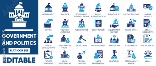 Government and politics icon set. featuring public administration, voting, capitol building, constitution, public policy, and government budget.