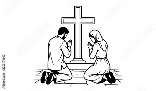 Couple Kneeling in Worship Before Sacred Christian Cross Vector Illustration