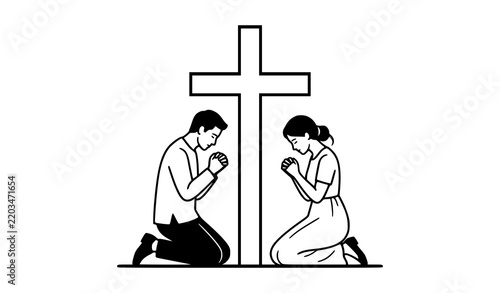 Couple Worshipping and Praying at Christian Cross Religious Vector Illustration