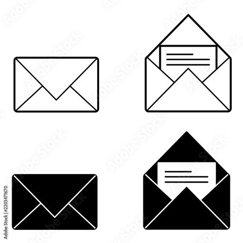Mail and email icon set, Open and closed envelope icons, Outline and solid mail icons