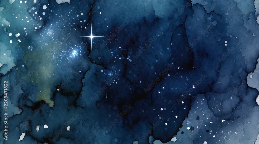 Fototapeta premium Abstract watercolor painting of a deep blue night sky with glowing stars and cosmic nebula textures