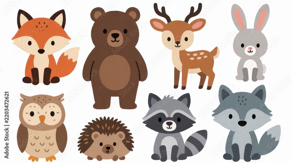 Obraz premium Set of cute woodland animal illustrations featuring a bear fox deer rabbit owl hedgehog raccoon wolf