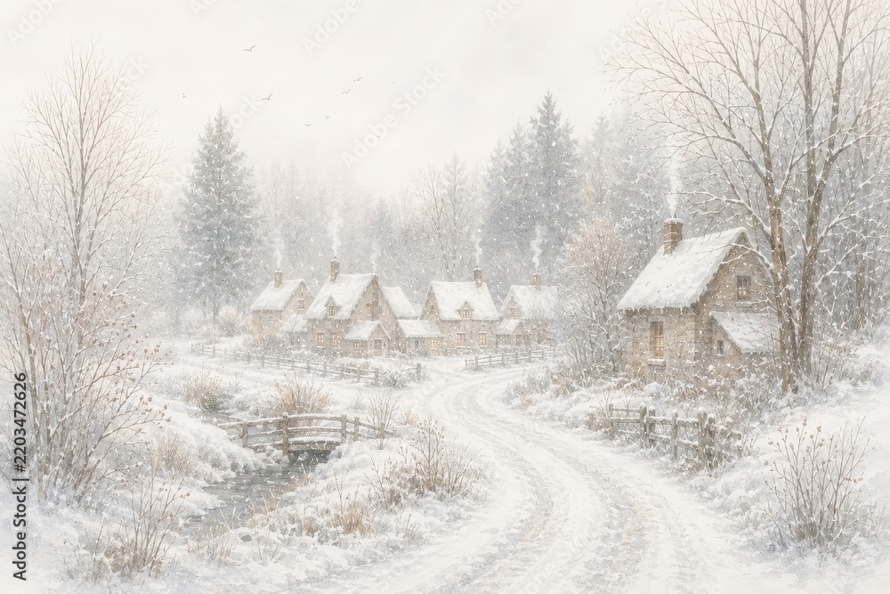 Fototapeta premium Snowy country village with cottages beside a winding lane