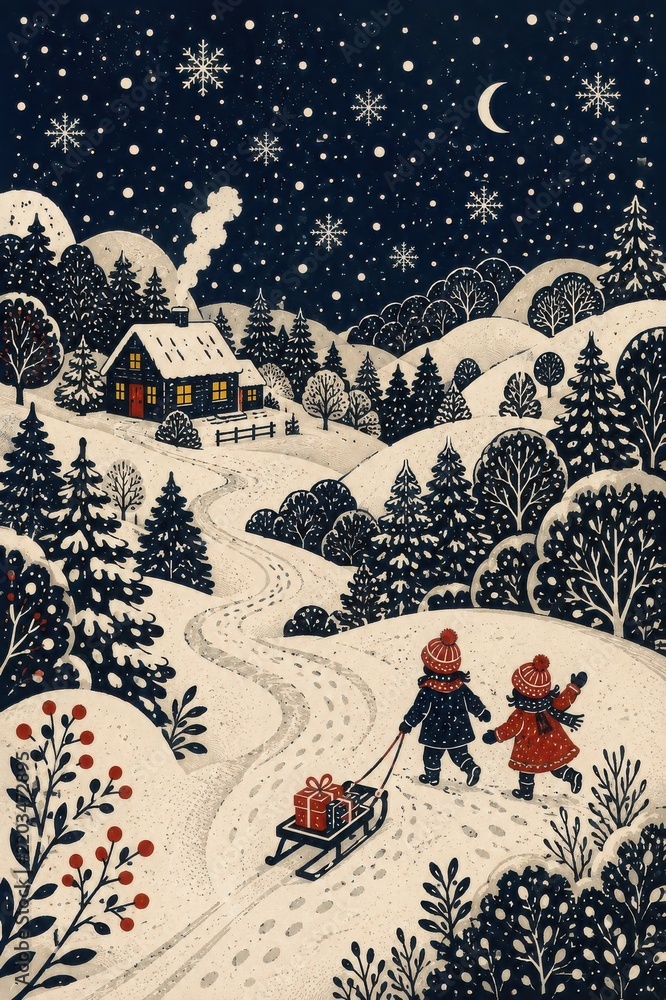 Obraz premium Children pull gift sled through snowy moonlit winter village