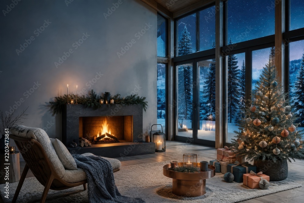 Fototapeta premium Cozy Christmas living room with fireplace beside snowy forest