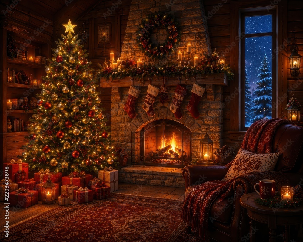 Fototapeta premium Cozy Christmas living room with fireplace, tree, gifts, snowy view