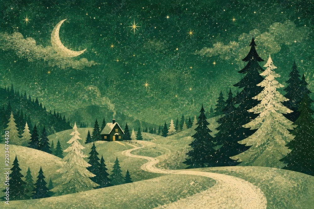 Obraz premium Vintage moonlit winter forest landscape with cozy cabin