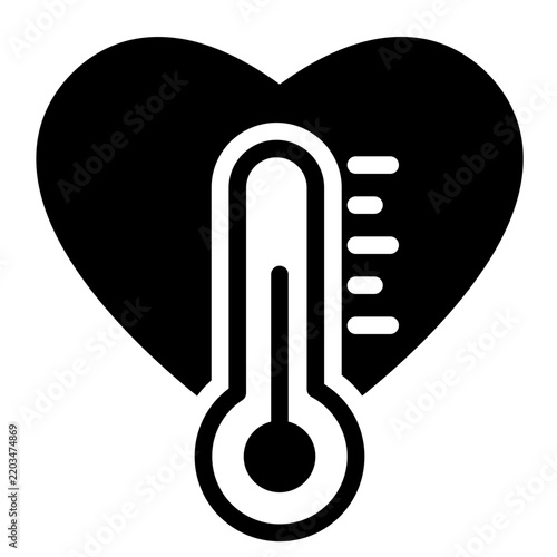 Minimalist vector icon featuring a solid black heart silhouette with a thermometer symbol inside, representing emotional balance, mental health measurement, psychological stability, and mood