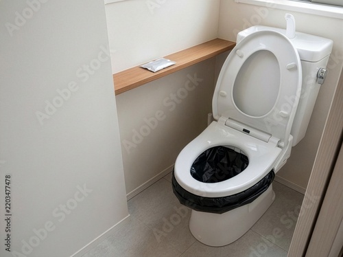 断水や災害に備えて洋式便器に携帯トイレ用の袋を設置した室内