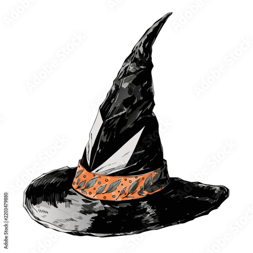 Black witch hat wit orange band vector illustration with transparent background
