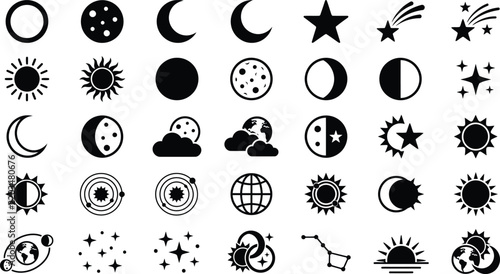Black and white celestial icons of the sun, moon, stars, and planets