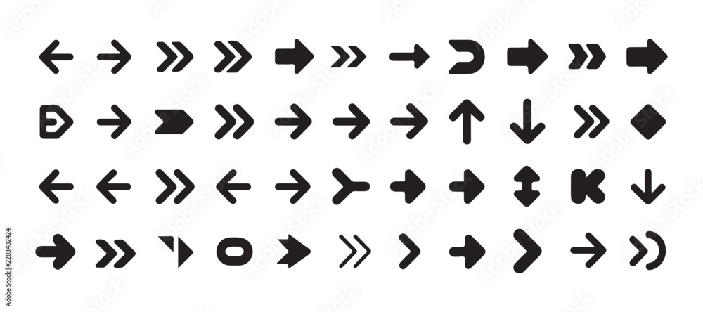 Fototapeta premium Modern flat arrow icons collection in black color for mobile app menus and website directional guides.