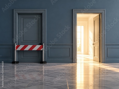 Closed door blocked by red and white barrier with open glowing exit